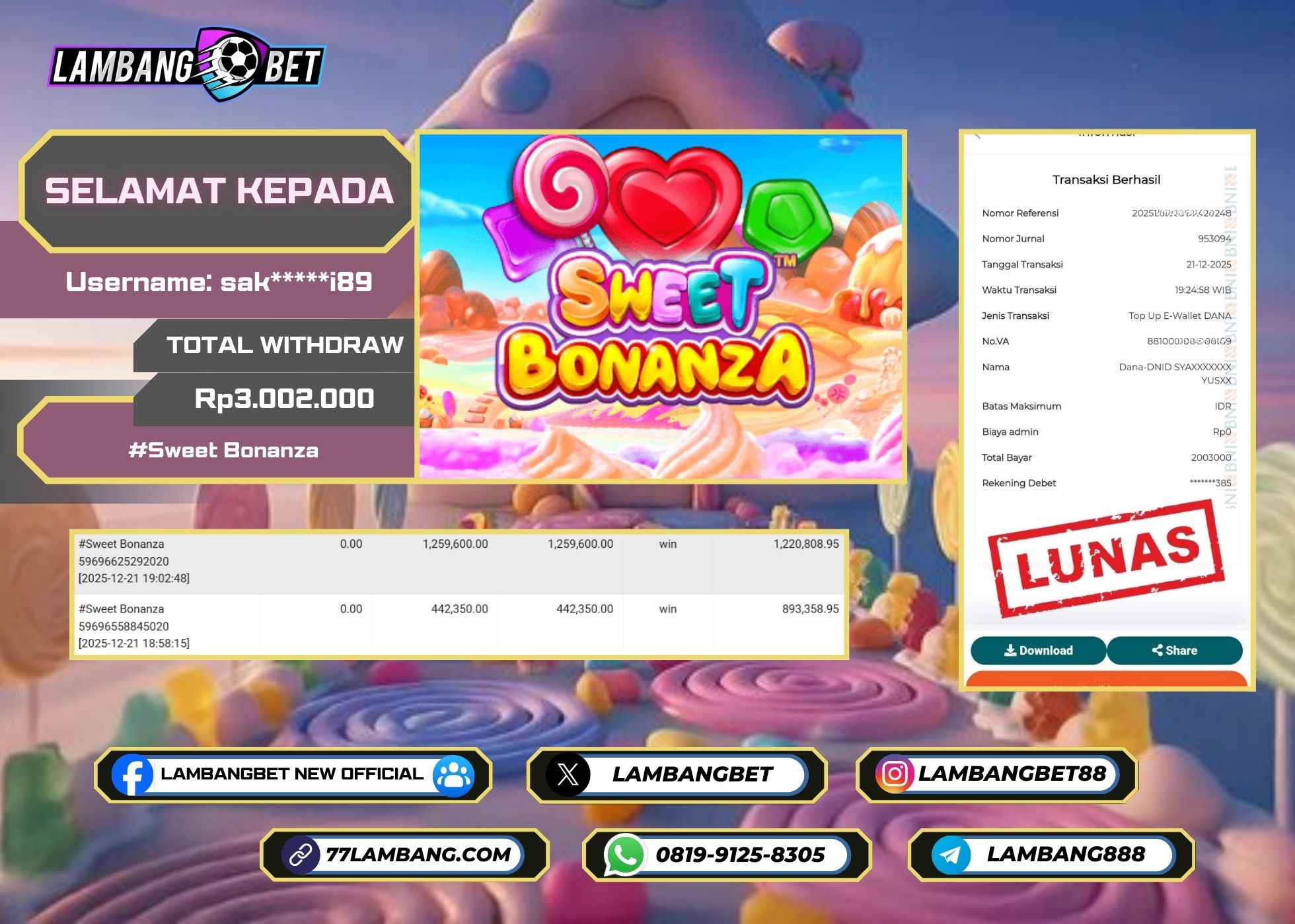 LAMBANGBET [21 DESEMBER 2025] JACKPOT SLOT Sweet Bonanza "Rp2.003.000" LUNAS
